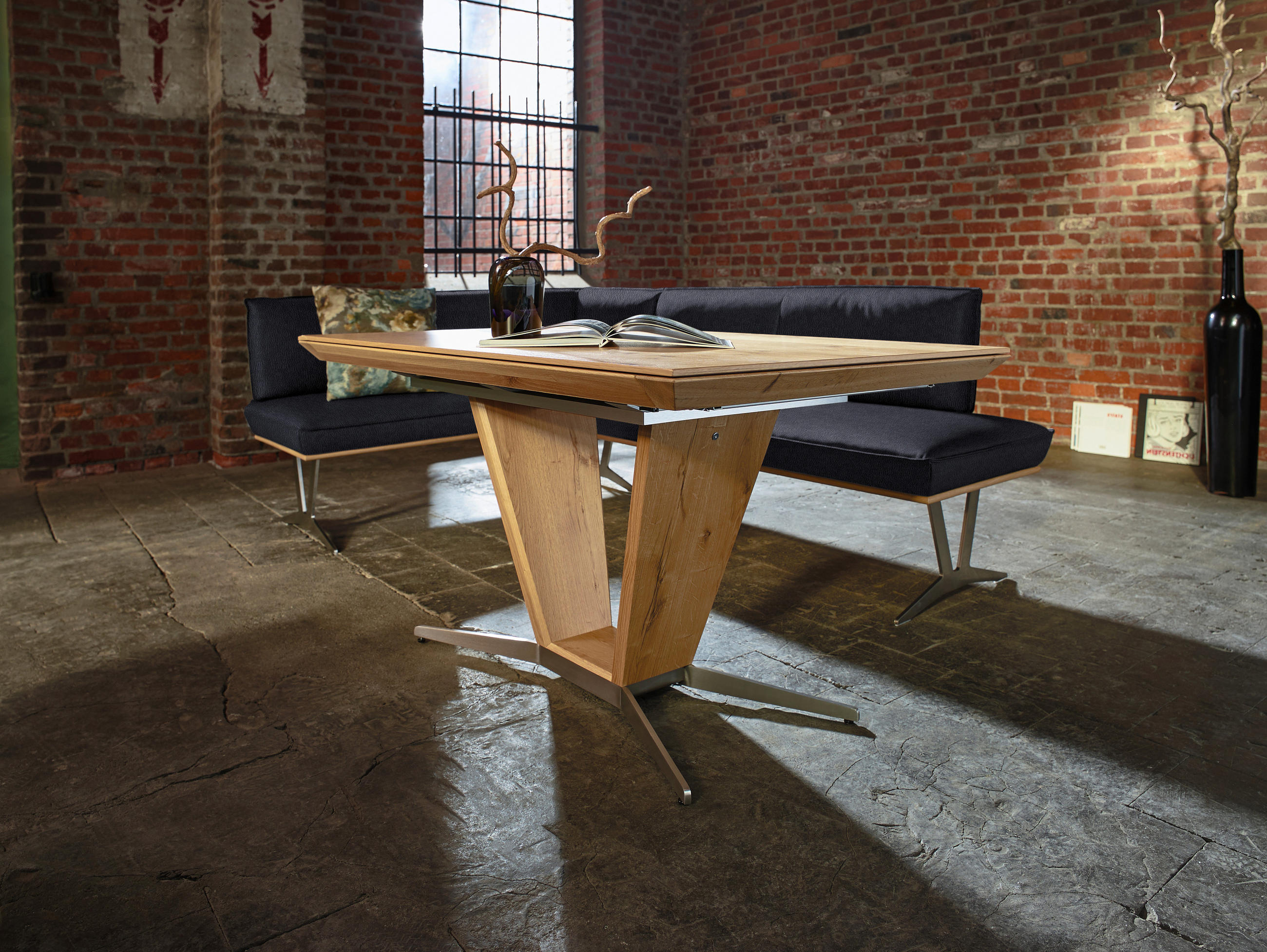 ECKBANK in Holz, Metall, Leder Schwarz  - Edelstahlfarben/Beige, Design, Leder/Holz (152/257cm) - Ambiente