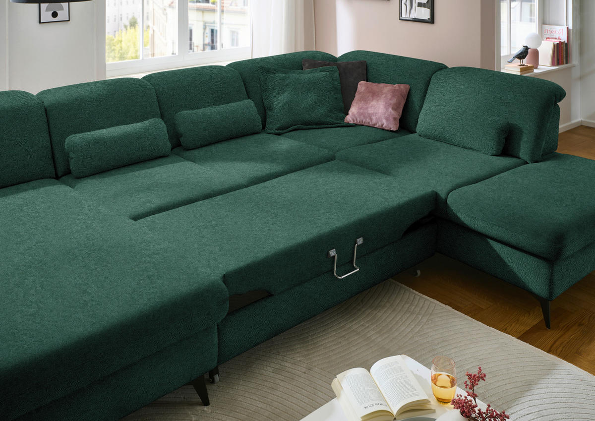 WOHNLANDSCHAFT  in Chenille Waldgrün  - Waldgrün/Schwarz, Design, Textil/Metall (198/364/255cm) - Beldomo Style