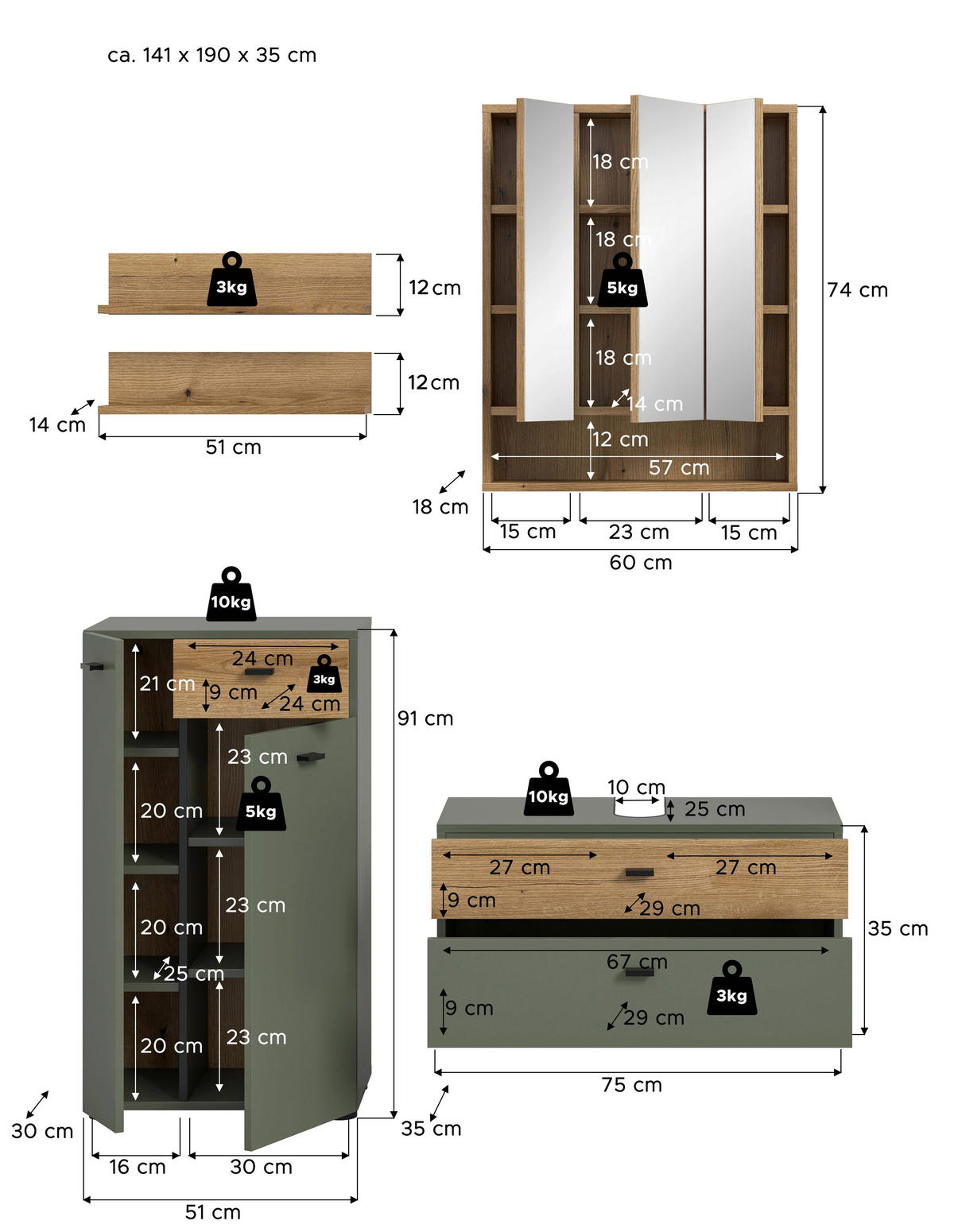 BADEZIMMER 4-teilig  in 126 cm  - Eichefarben/Schwarz, Trend, Glas/Holzwerkstoff (126cm) - MID.YOU