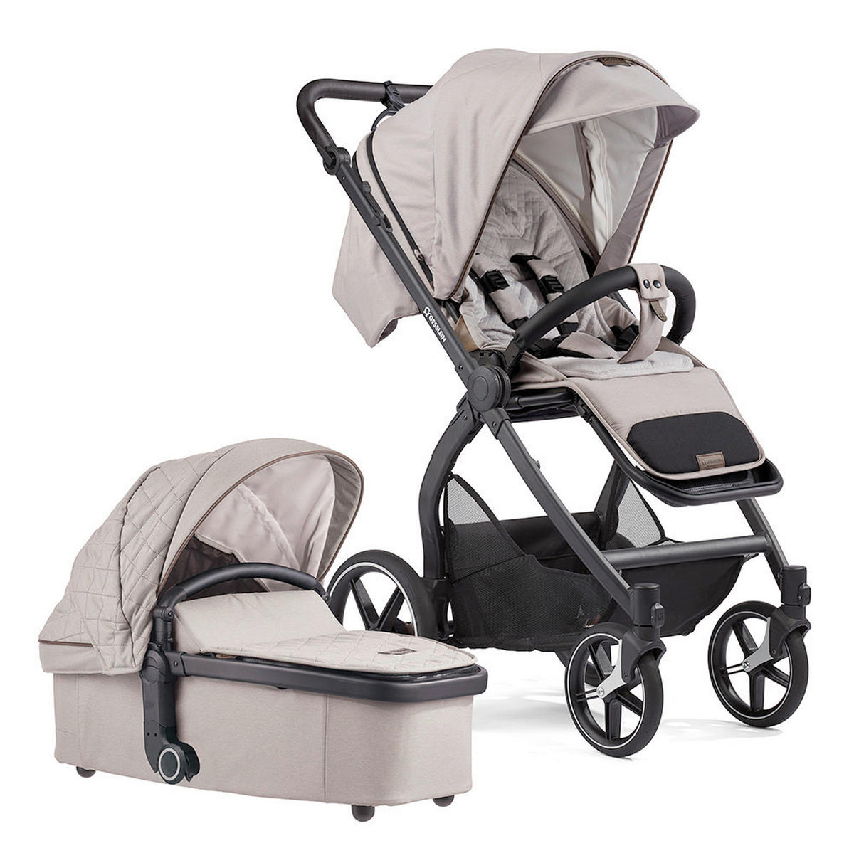 KOMBIKINDERWAGEN  FX4 Swing Set mit Handbremse  Steingrau-Schwarz-Tabak  - Hellgrau/Schwarz, Basics, Textil (100/55/130cm) - Gesslein