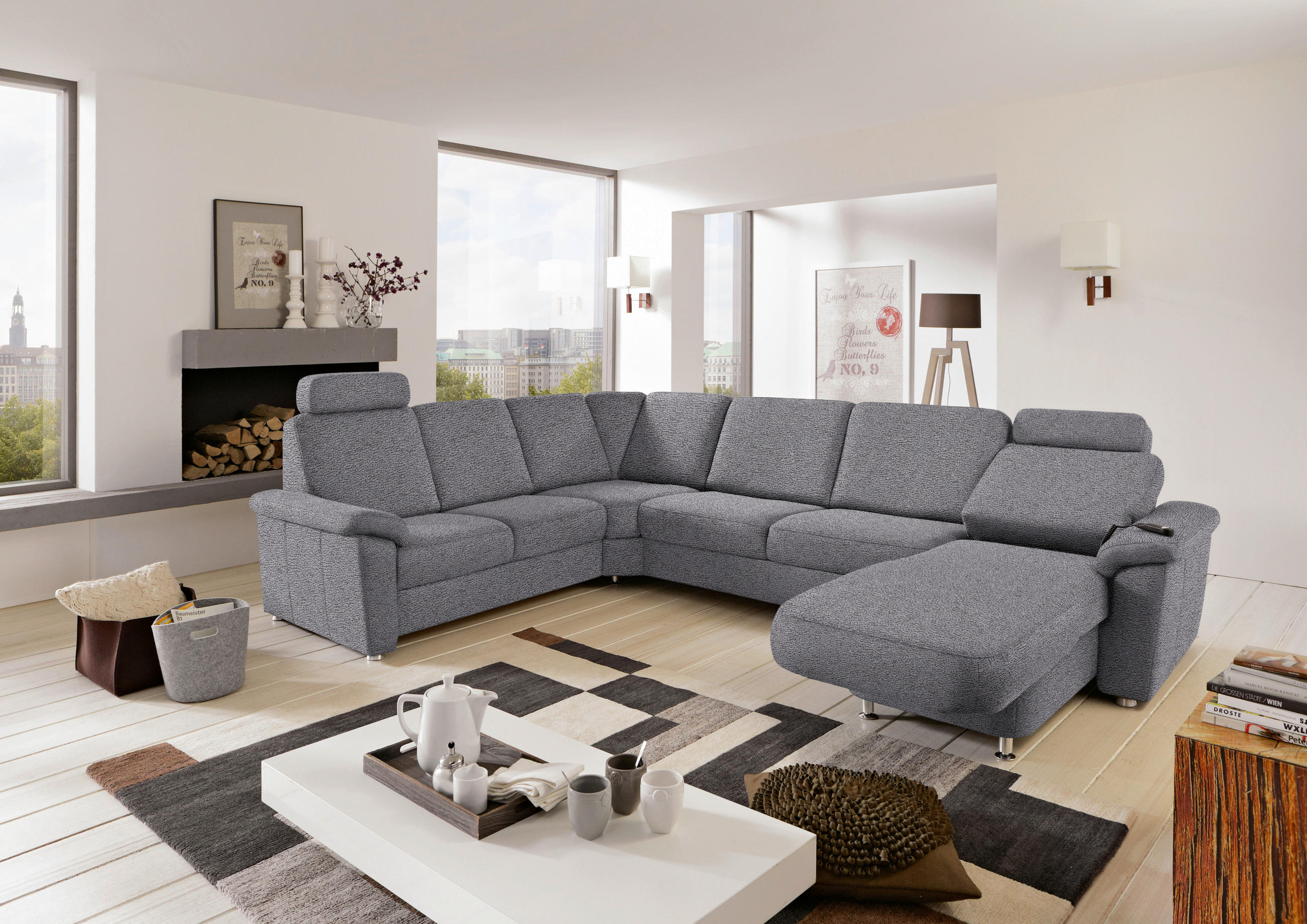 WOHNLANDSCHAFT Grau Flachgewebe  - Chromfarben/Grau, KONVENTIONELL, Textil/Metall (240/330/163cm) - Beldomo System