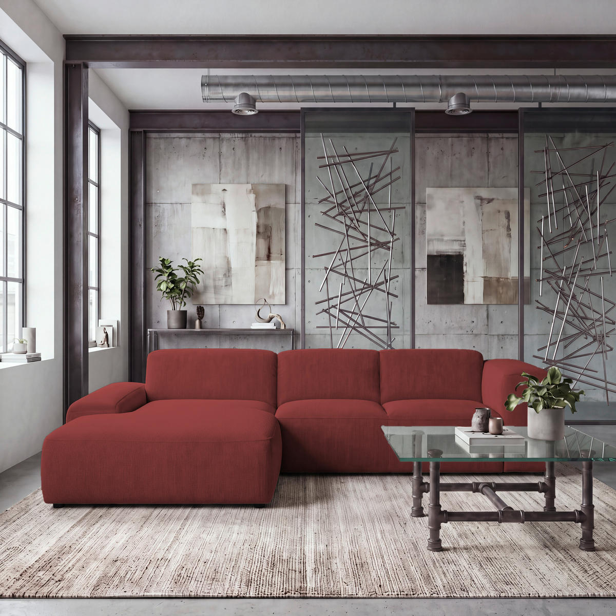 ECKSOFA HANNAH Rot Cord  - Rot/Schwarz, Design, Kunststoff/Textil (200/304cm) - MID.YOU