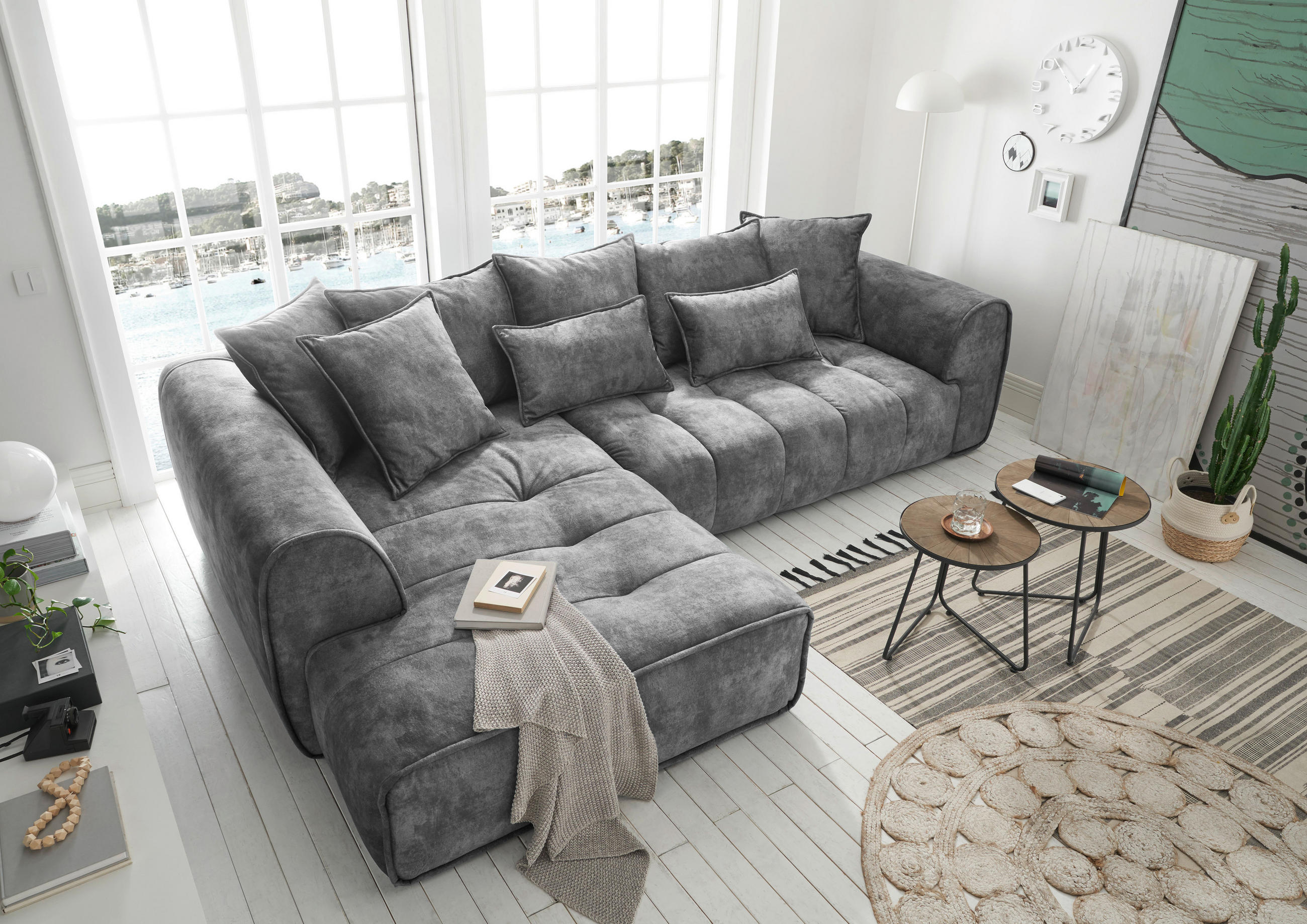 ECKSOFA in Mikrovelours Grau  - Silberfarben/Grau, Modern, Kunststoff/Textil (197/320cm) - MID.YOU