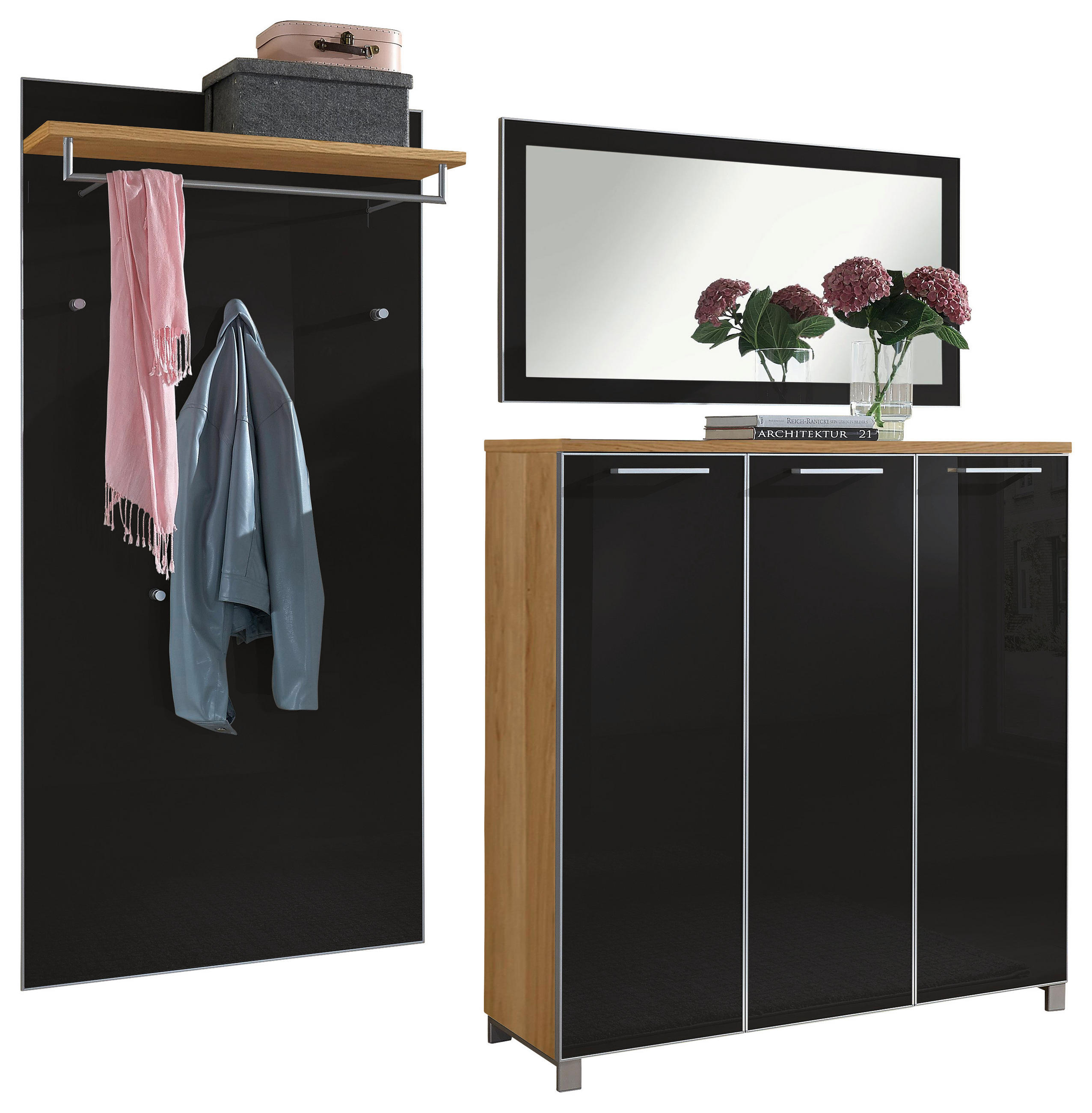 GARDEROBE Anthrazit, Eichefarben - Eichefarben/Anthrazit, Design, Glas/Holz (215/195/37cm)