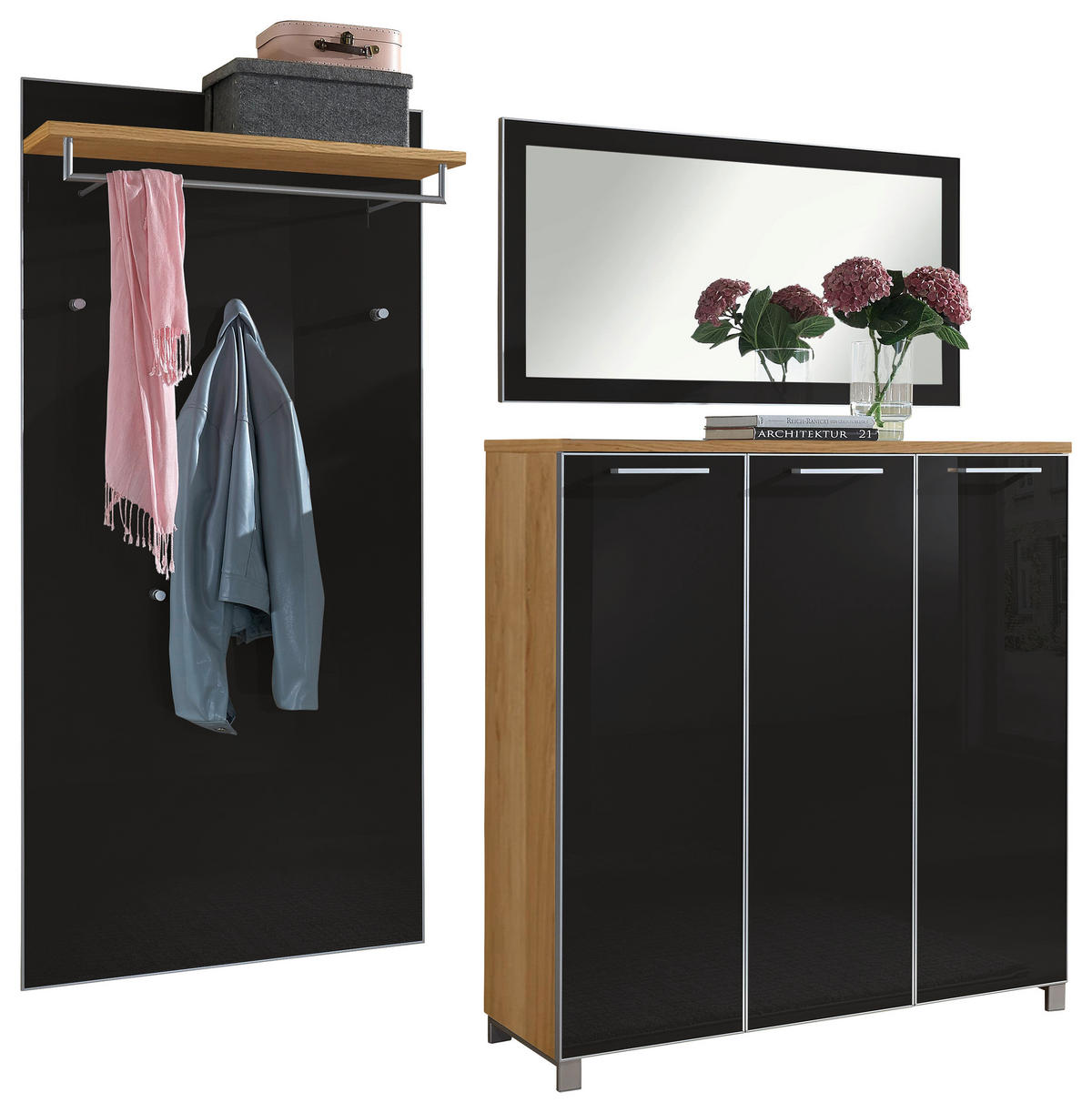 GARDEROBE 3-teilig  in 215/195/37 cm  - Eichefarben/Anthrazit, Design, Glas/Holz (215/195/37cm)