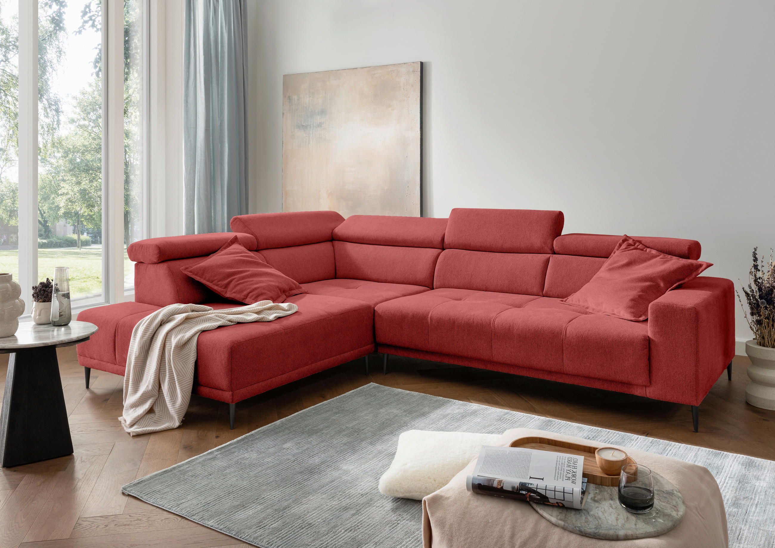 ECKSOFA INTERA in Struktur Rot  225/305 cm  - Rot/Schwarz, KONVENTIONELL, Textil/Metall (225/305cm) - Livetastic