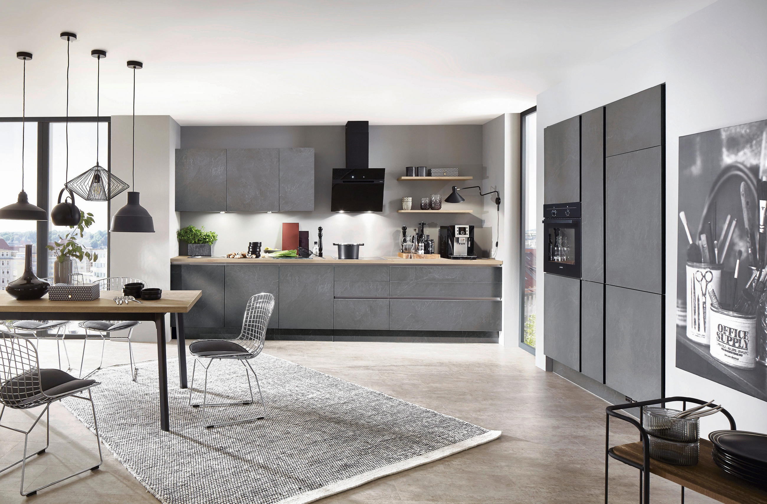 EINBAUKÜCHE   - Eichefarben/Graphitfarben, Design, Holzwerkstoff/Metall (320/155cm) - Nobilia