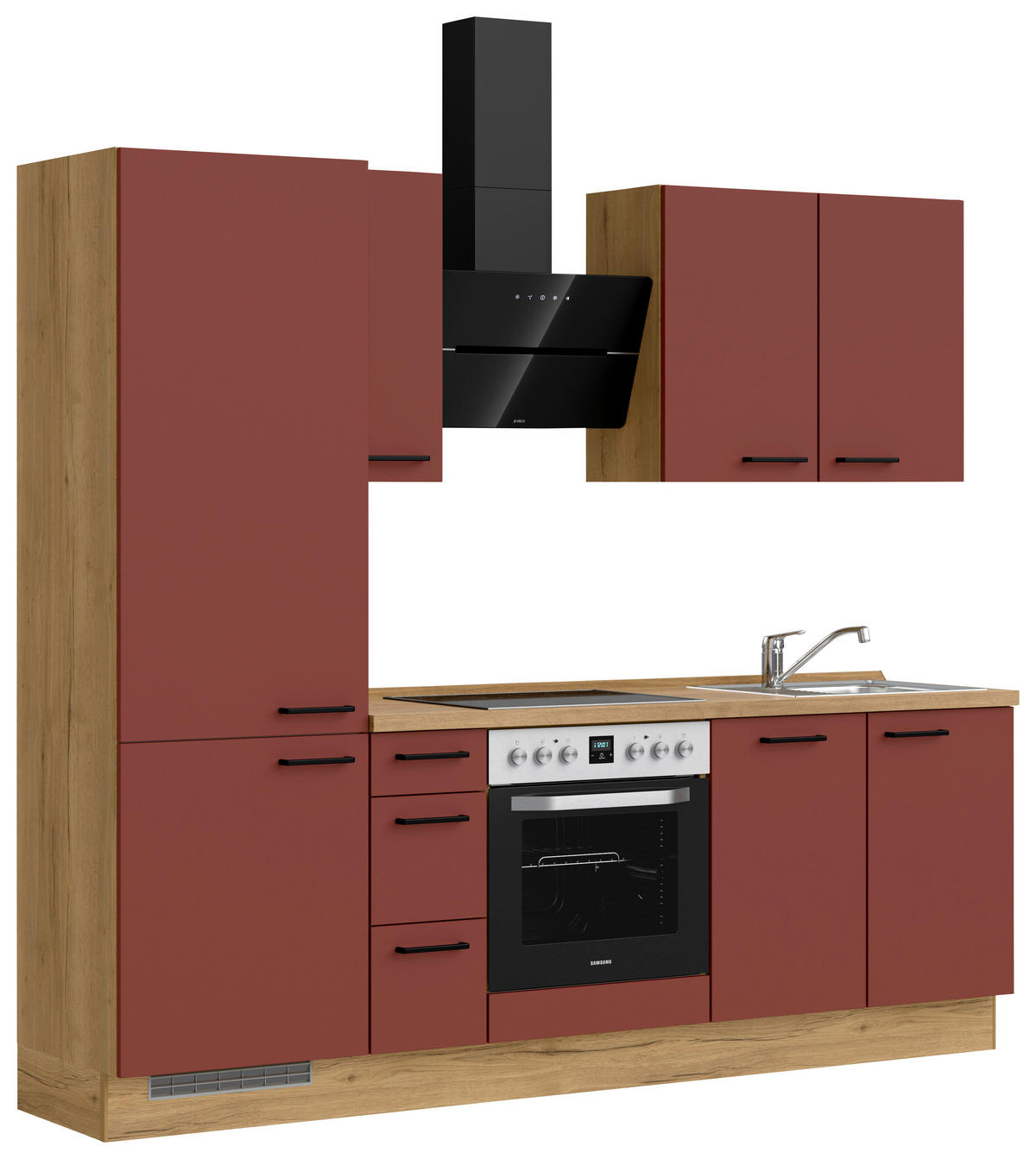 KÜCHENBLOCK Easytouch 240 cm  in Eichefarben, Dunkelrot  - Eichefarben/Schwarz, MODERN, Holzwerkstoff/Metall (240cm) - Nobilia