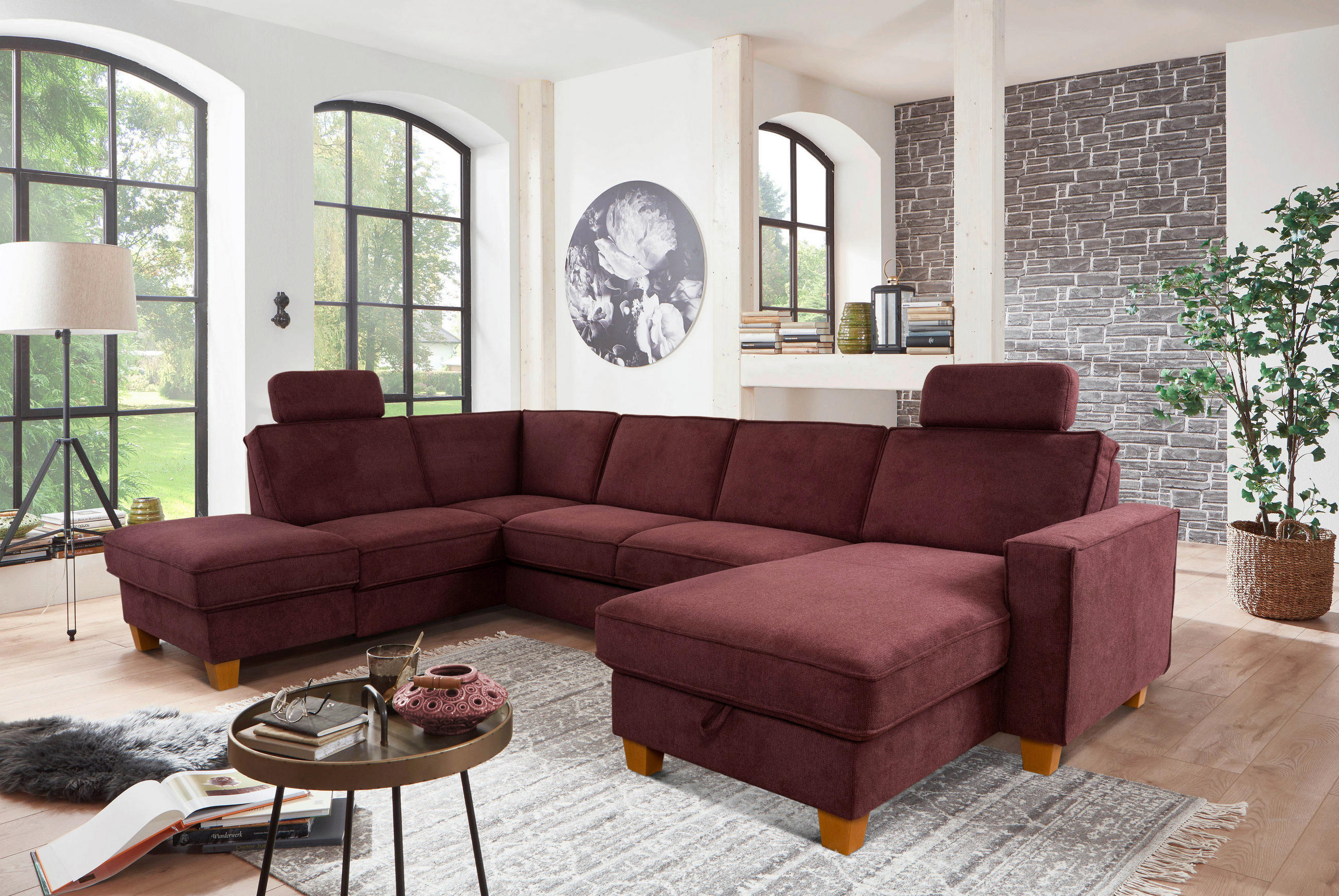 WOHNLANDSCHAFT in Flachgewebe Dunkelrot  - Eichefarben/Dunkelrot, Konventionell, Holz/Textil (213/309/161cm) - Sit & More
