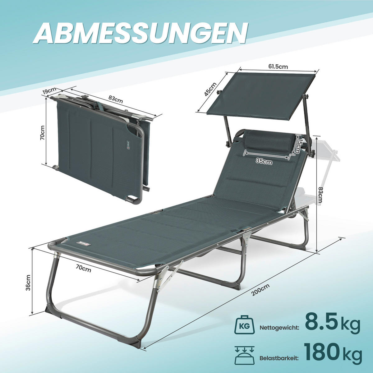 GARTENLIEGE 70/36/200 cm  - Anthrazit/Alufarben, Basics, Textil/Metall (70/36/200cm) - Modante