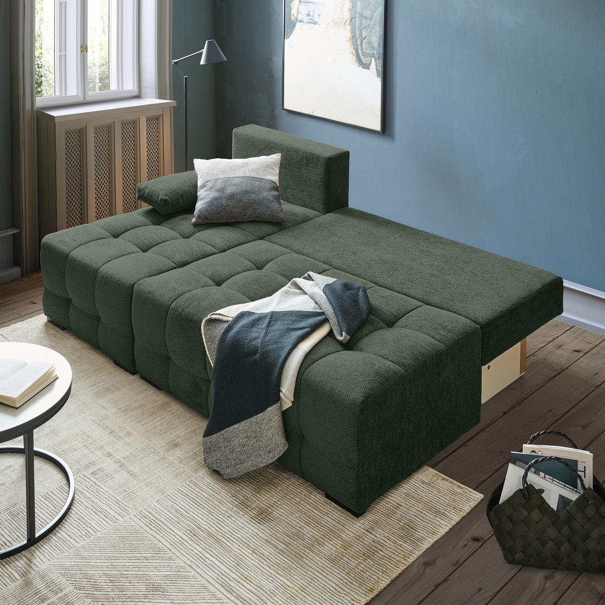 ECKSOFA  in Chenille Dunkelgrün  - Dunkelgrün/Schwarz, MODERN, Kunststoff/Textil (145/204cm) - home24