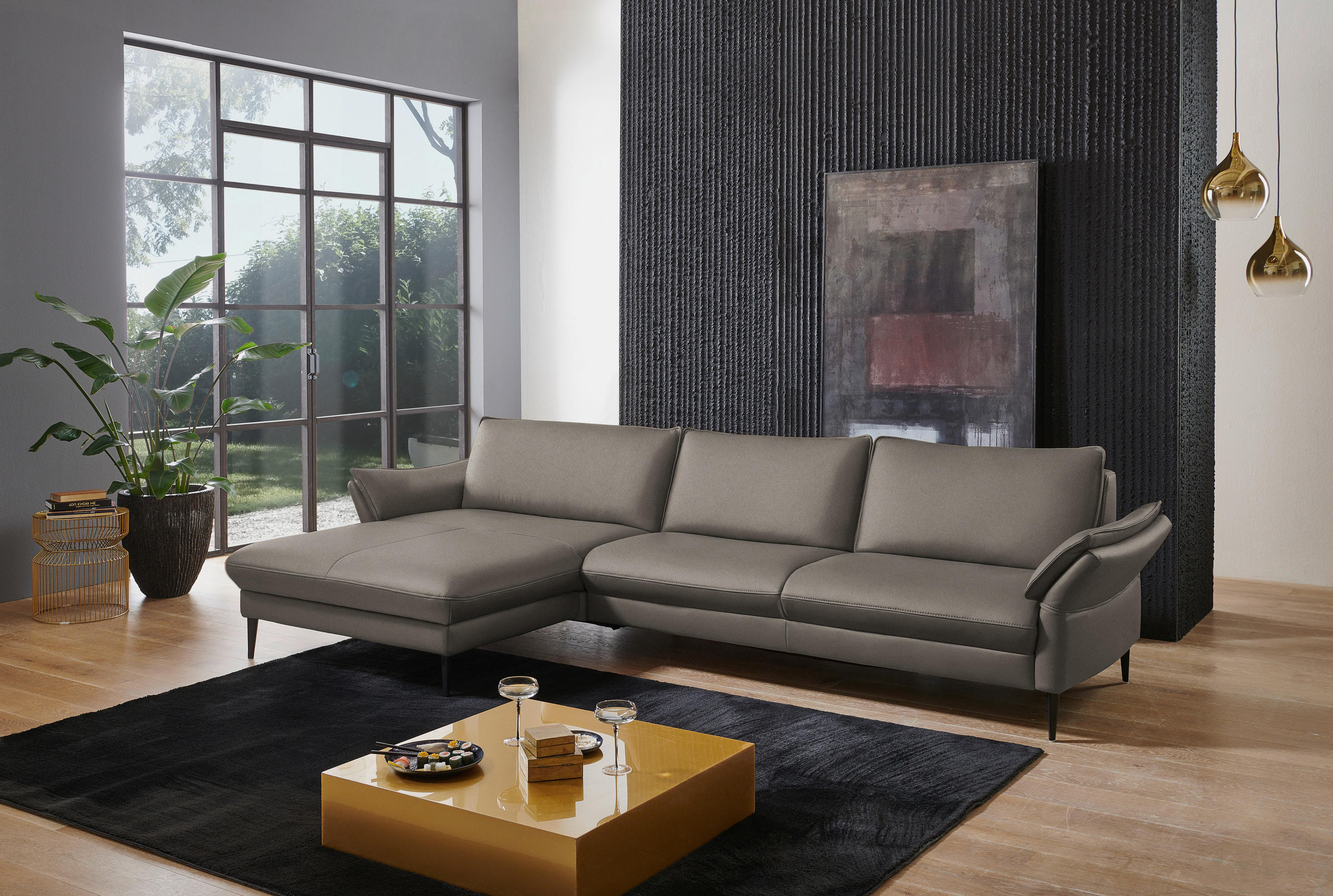 ECKSOFA in Echtleder Graubraun  - Graubraun/Schwarz, Design, Leder/Metall (172/334cm) - Valdera