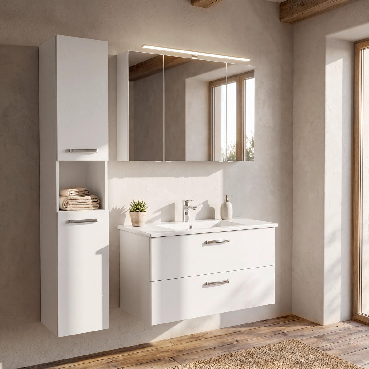 BADEZIMMER 3-teilig  in 100 cm  - Chromfarben/Weiß, Design, Glas/Keramik (100cm) - Xora