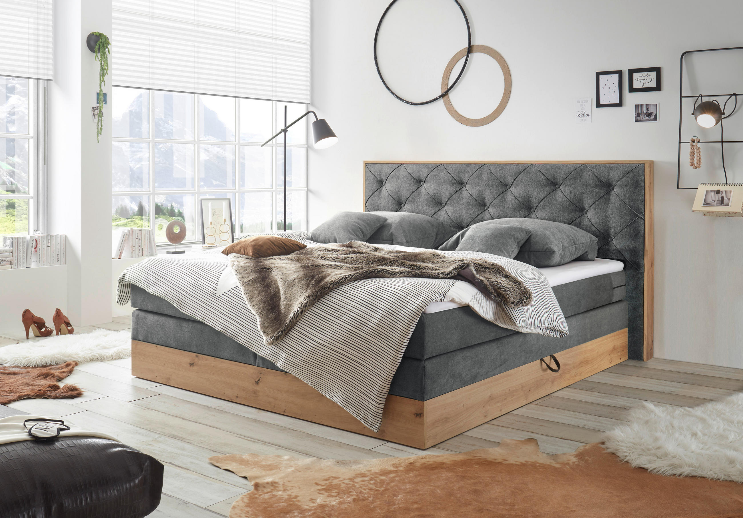 BOXSPRINGBETT 180/200 cm  in Anthrazit, Naturfarben  - Anthrazit/Naturfarben, KONVENTIONELL, Holzwerkstoff/Kunststoff (180/200cm) - Esposa