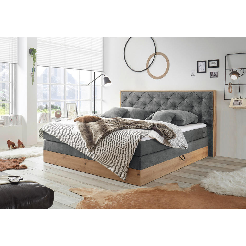 Thumbnail - Esposa Boxspringbett, Anthrazit, Natur, Textil, H2, 7,7-Zonen, Höhe ca. 17 cm, 180x200 cm, Bettkasten, gepolstertes Kopf...