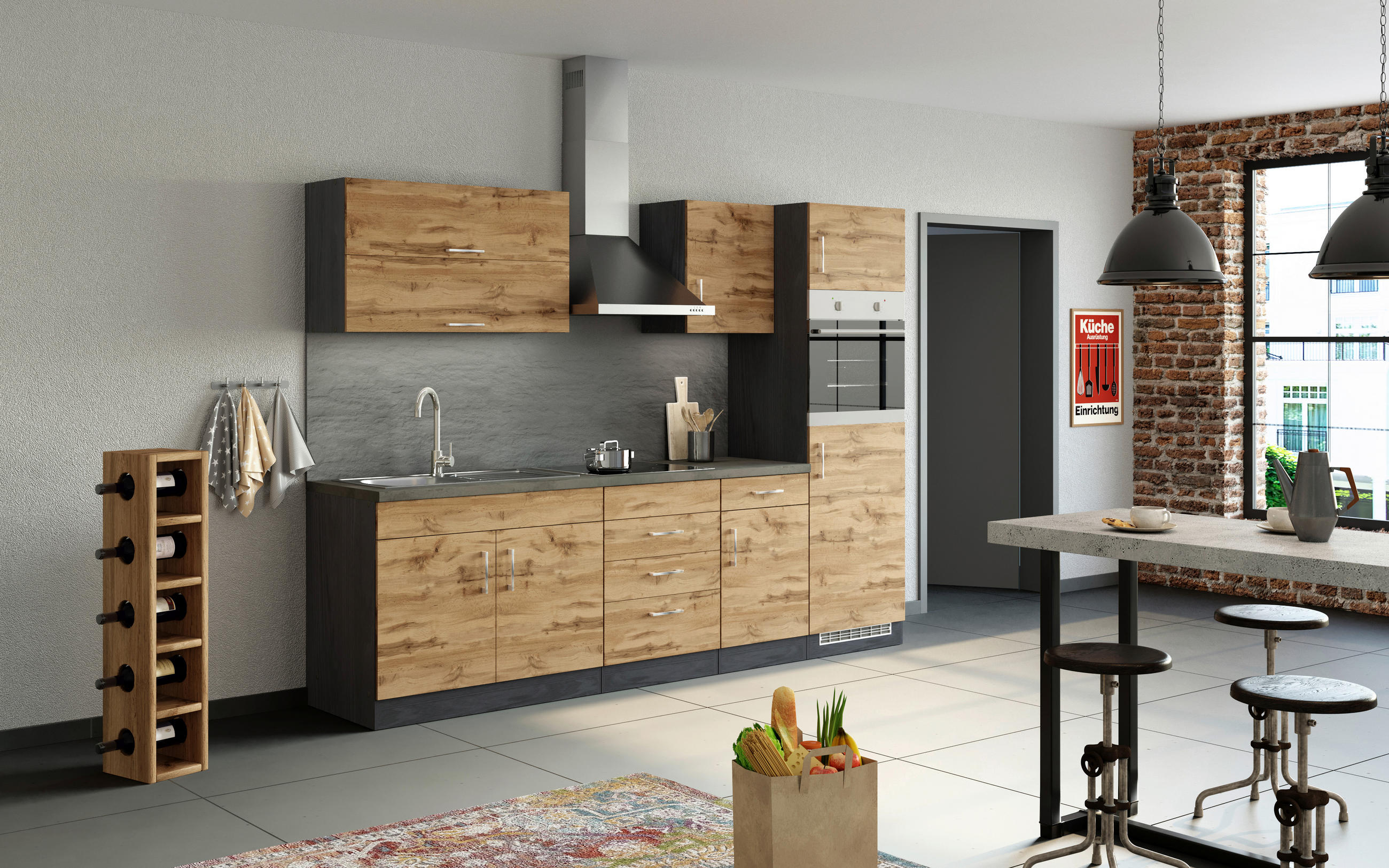 KÜCHENBLOCK 270 cm   in Graphitfarben, Schieferfarben, Eiche Wotan  - Chromfarben/Schieferfarben, MODERN, Holzwerkstoff/Metall (270cm) - Held