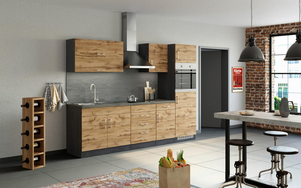 KÜCHENBLOCK 270 cm   in Graphitfarben, Schieferfarben, Eiche Wotan  - Chromfarben/Schieferfarben, MODERN, Holzwerkstoff/Metall (270cm) - Held