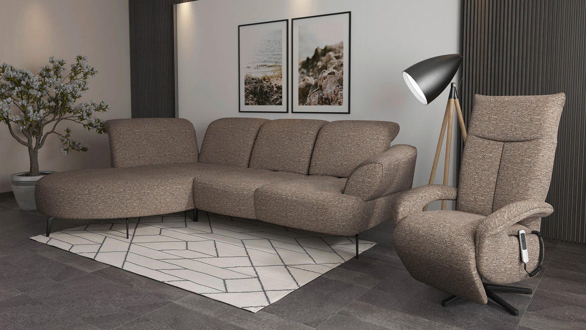 ECKSOFA DANCE E Cappuccino Chenille  - Schwarz/Cappuccino, MODERN, Textil/Metall (208/313cm) - Sit & More
