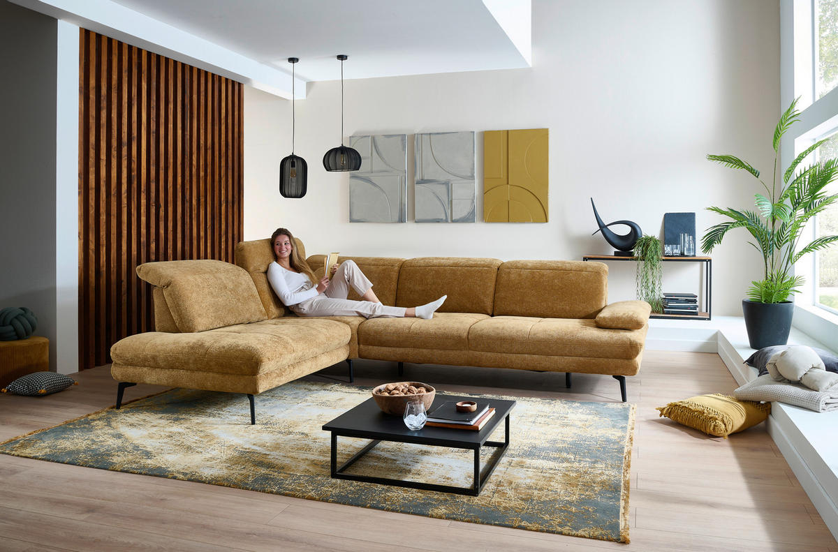 ECKSOFA Beldomo System Dunkelgelb Chenille Rücken echt, Kopfteilverstellung  - Dunkelgelb/Schwarz, Design, Textil/Metall (235/311cm) - Beldomo System