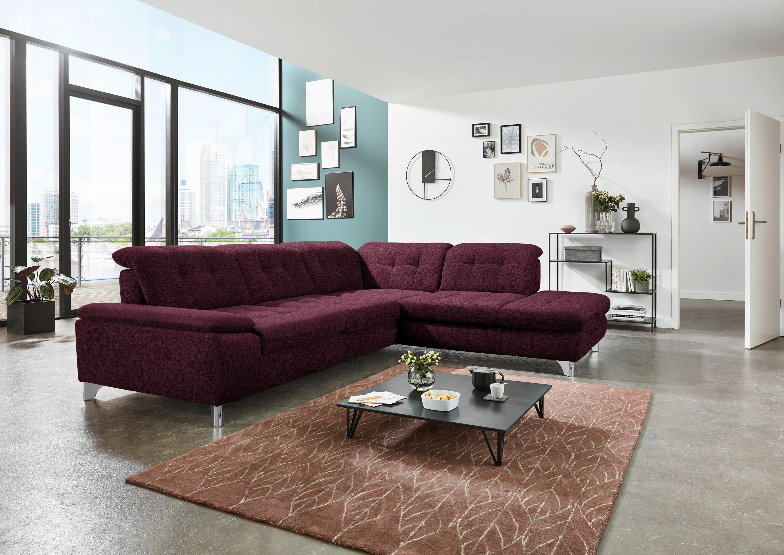 ECKSOFA in Chenille Aubergine  - Chromfarben/Aubergine, Design, Textil/Metall (310/260cm) - Beldomo Speed