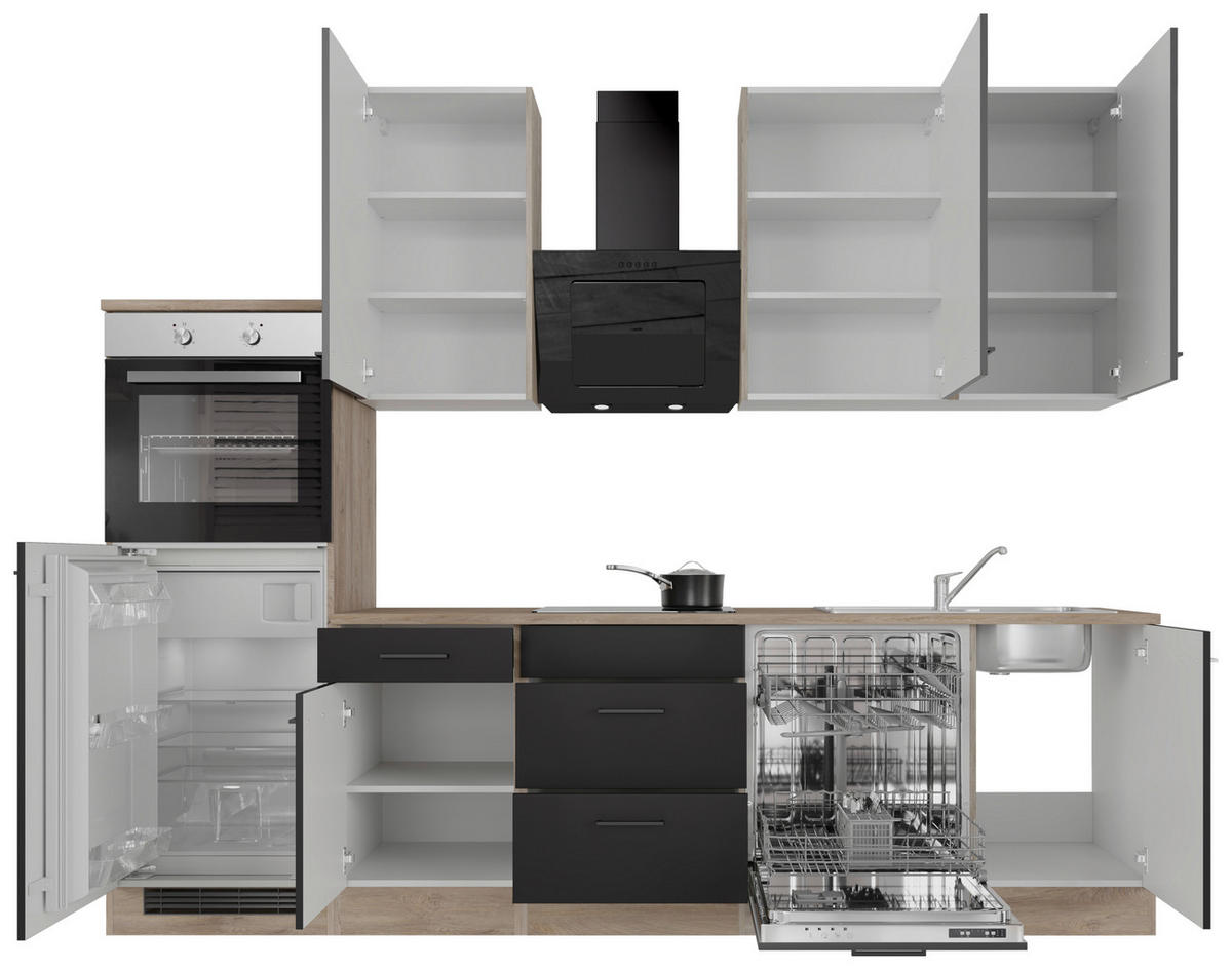 KUCHYNSKÁ LINKA CAPRI 280 - čierna/farba duba, Konventionell, kov/kompozitné drevo (280cm) - FlexWell