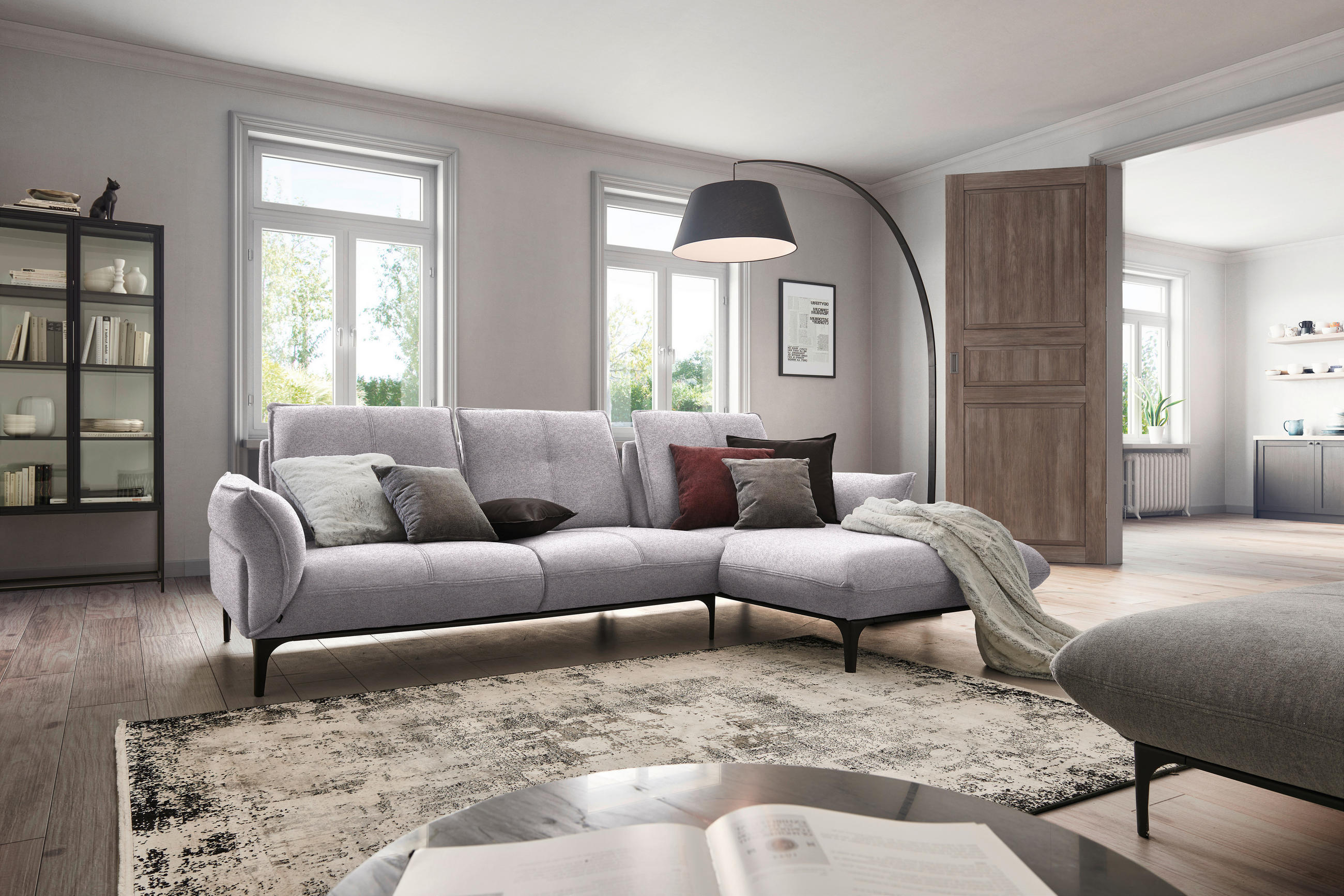 ECKSOFA in Webstoff Grau, Flieder  - Flieder/Schwarz, Natur, Textil (277/182cm) - Valnatura