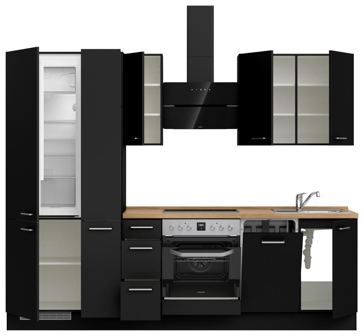 KÜCHENBLOCK 270 cm   in Schwarz, Eichefarben  - Edelstahlfarben/Eichefarben, MODERN, Holzwerkstoff/Metall (270cm) - Nobilia