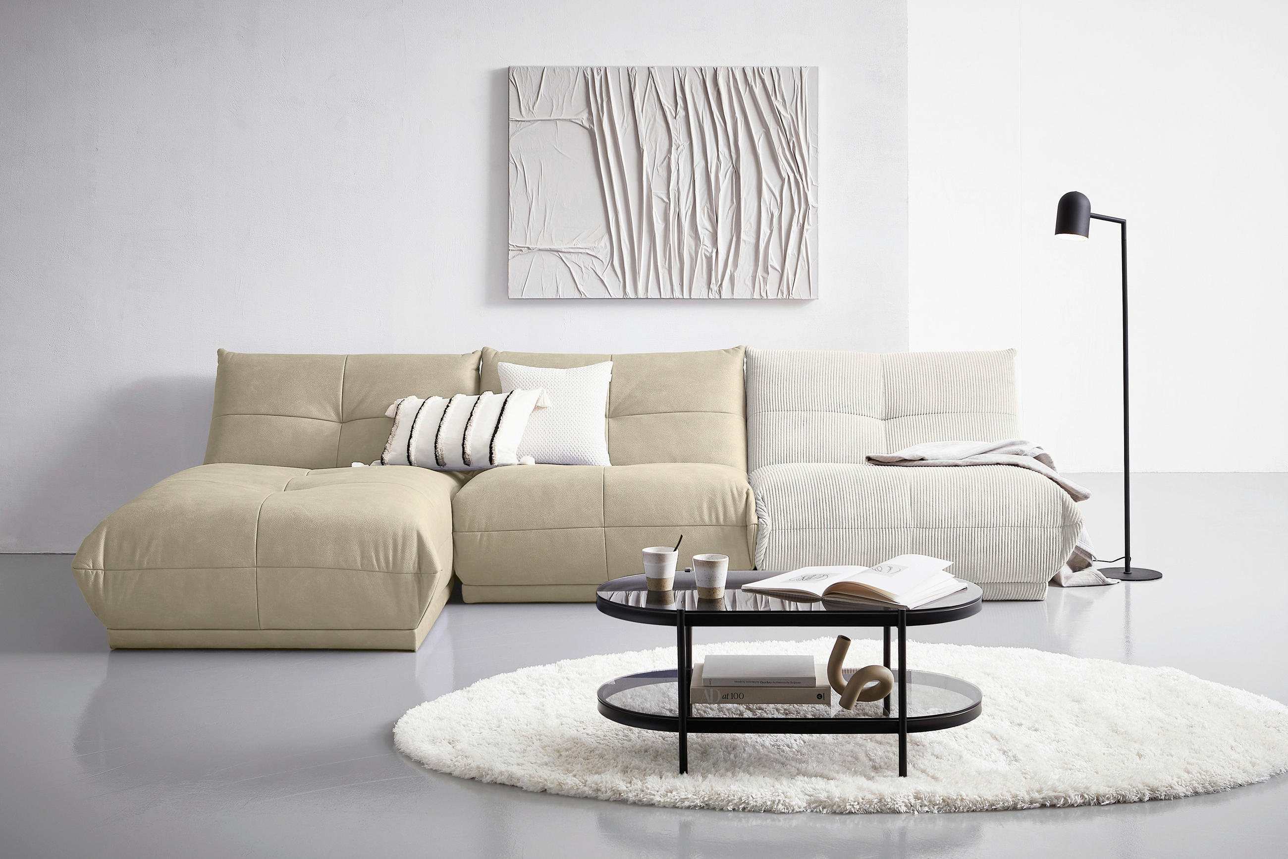 ECKSOFA in Cord, Lederlook Creme, Weiß  185/315 cm  - Creme/Weiß, Trend, Textil (185/315cm) - Livetastic