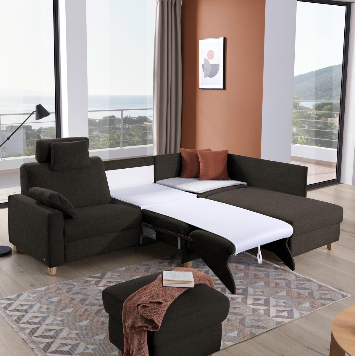 ECKSOFA in Flachgewebe Dunkelbraun  261/203 cm  - Eichefarben/Dunkelbraun, KONVENTIONELL, Holz/Textil (261/203cm) - Sedda