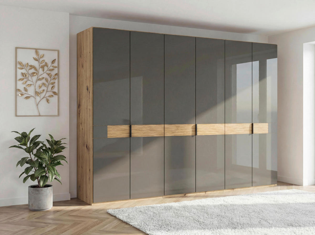 DREHTÜRENSCHRANK 300/216/58 cm,  in Braun, Eiche Bianco, 6 Tür(en)  - Schieferfarben/Eiche Bianco, Design, Glas/Holz (300/216/58cm) - Musterring