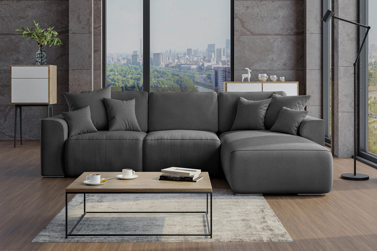 ECKSOFA in Velours Dunkelgrau  293/195 cm  - Chromfarben/Dunkelgrau, KONVENTIONELL, Kunststoff/Textil (293/195cm) - Carryhome