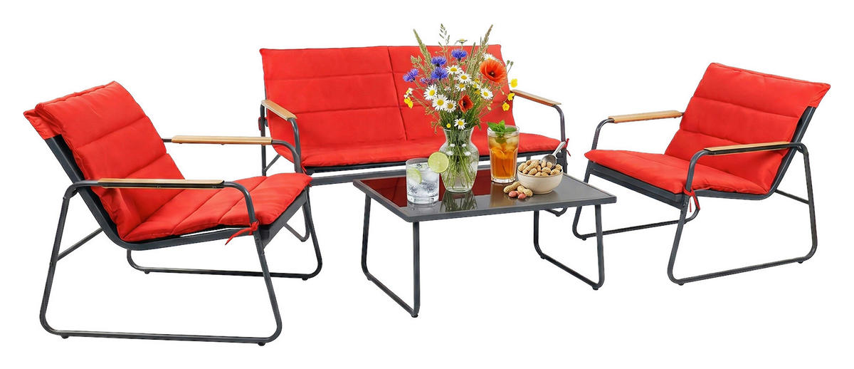 LOUNGEGARNITUR 4-teilig    - Rot/Schwarz, Modern, Glas/Kunststoff - Gardenson