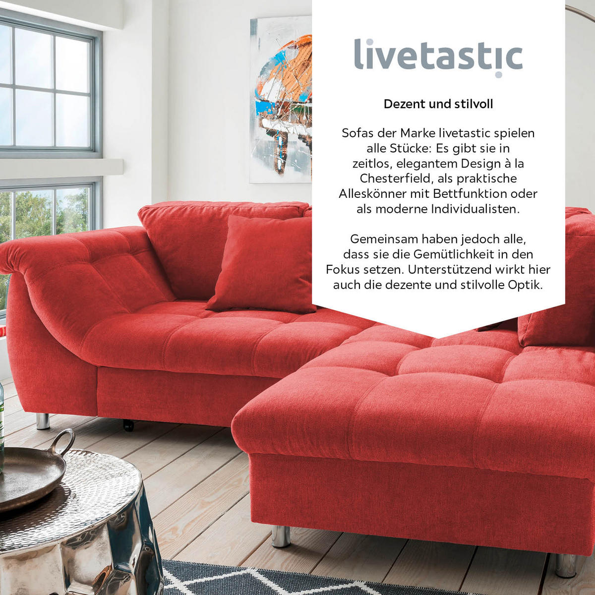 ECKSOFA Rot Mikrofaser  - Chromfarben/Rot, Design, Kunststoff/Textil (250/190cm) - Livetastic