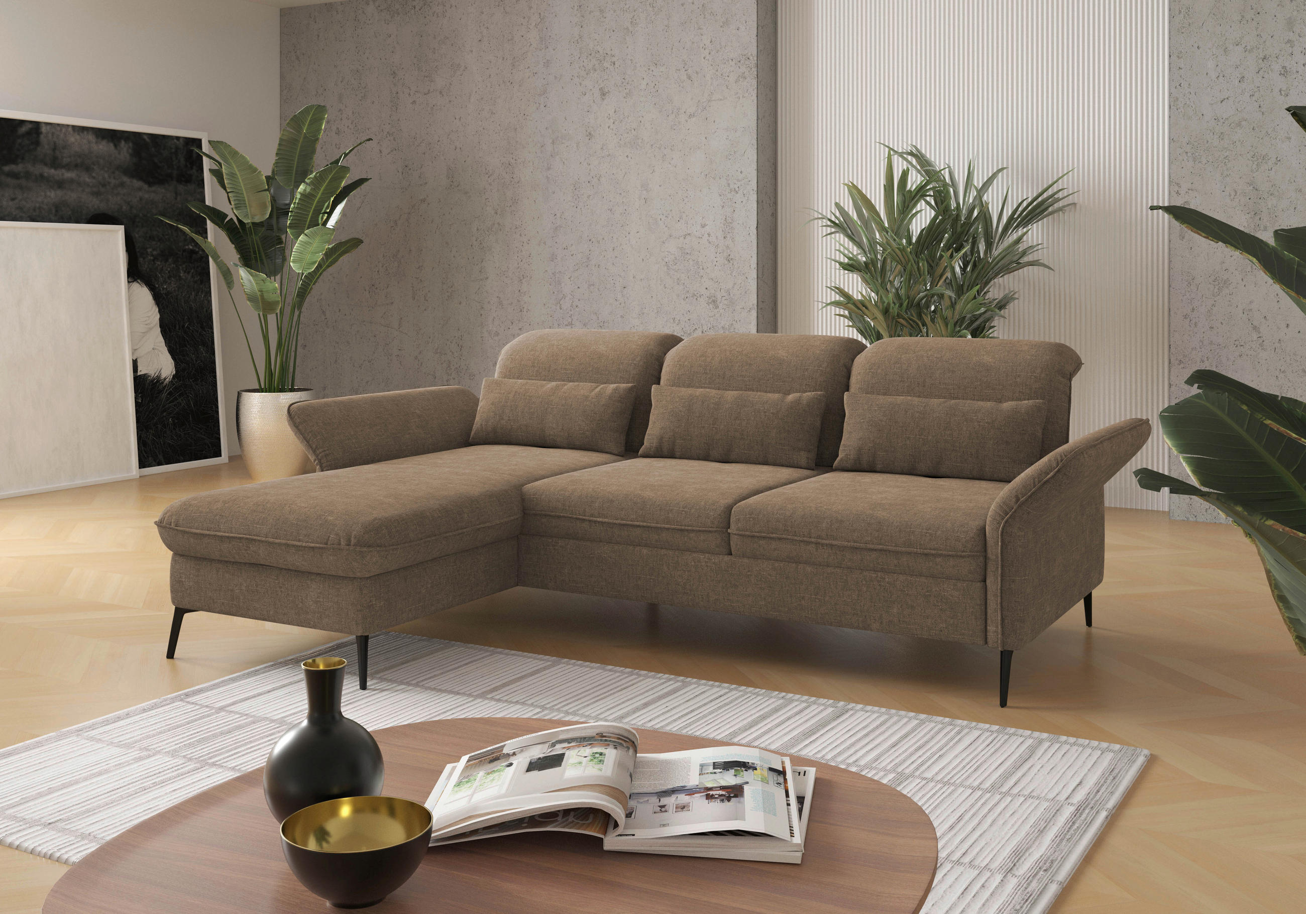ECKSOFA Hellbraun Flachgewebe  - Hellbraun/Schwarz, KONVENTIONELL, Textil/Metall (198/264cm) - Sit & More