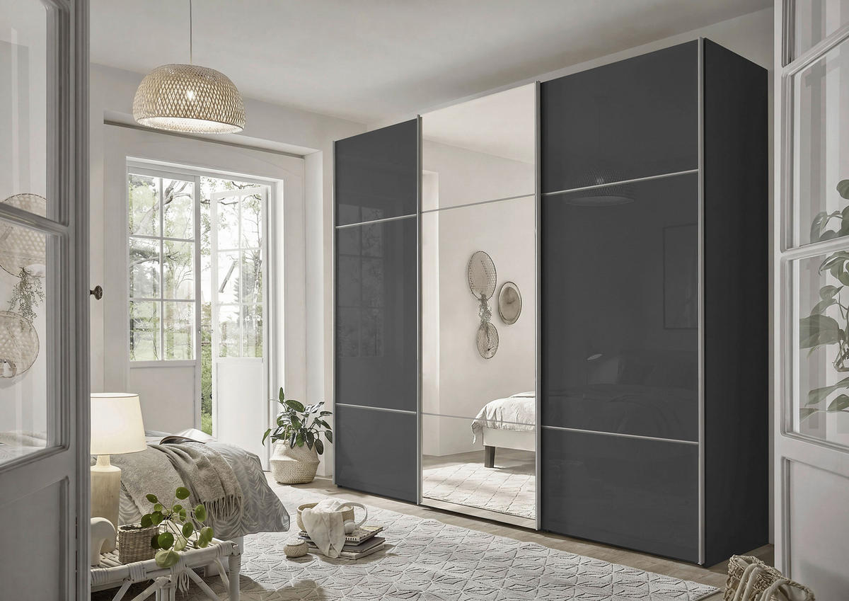 SCHWEBETÜRENSCHRANK 249/222/68 cm 3 Tür(en)-türig Graphitfarben  - Alufarben/Graphitfarben, Design, Glas/Holzwerkstoff (249/222/68cm) - Moderano