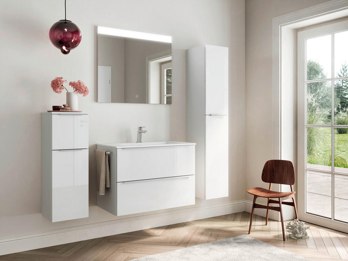 BADEZIMMER 3-teilig  in 81 cm  - Edelstahlfarben/Weiß Hochglanz, MODERN, Holzwerkstoff/Stein (81cm) - Nobilia