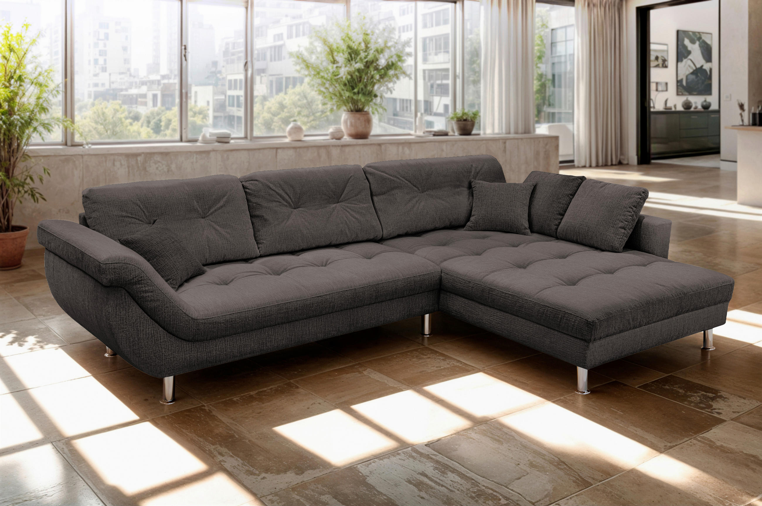 ECKSOFA BROOKLYN Dunkelbraun Flachgewebe Zierkissen, Rückenkissen  - Dunkelbraun/Silberfarben, KONVENTIONELL, Kunststoff/Textil (329/199cm) - Livetastic