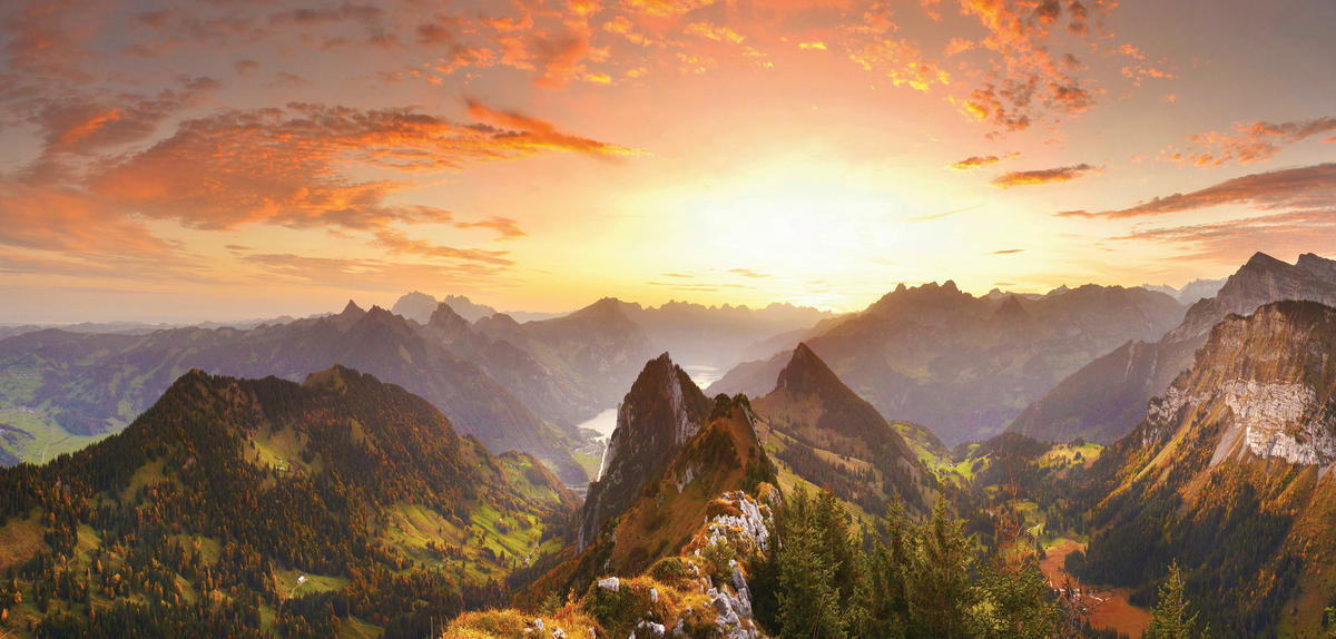 LEINWANDBILD Berge 115/55 cm  - Multicolor, Natur, Holz/Papier (115/55cm)