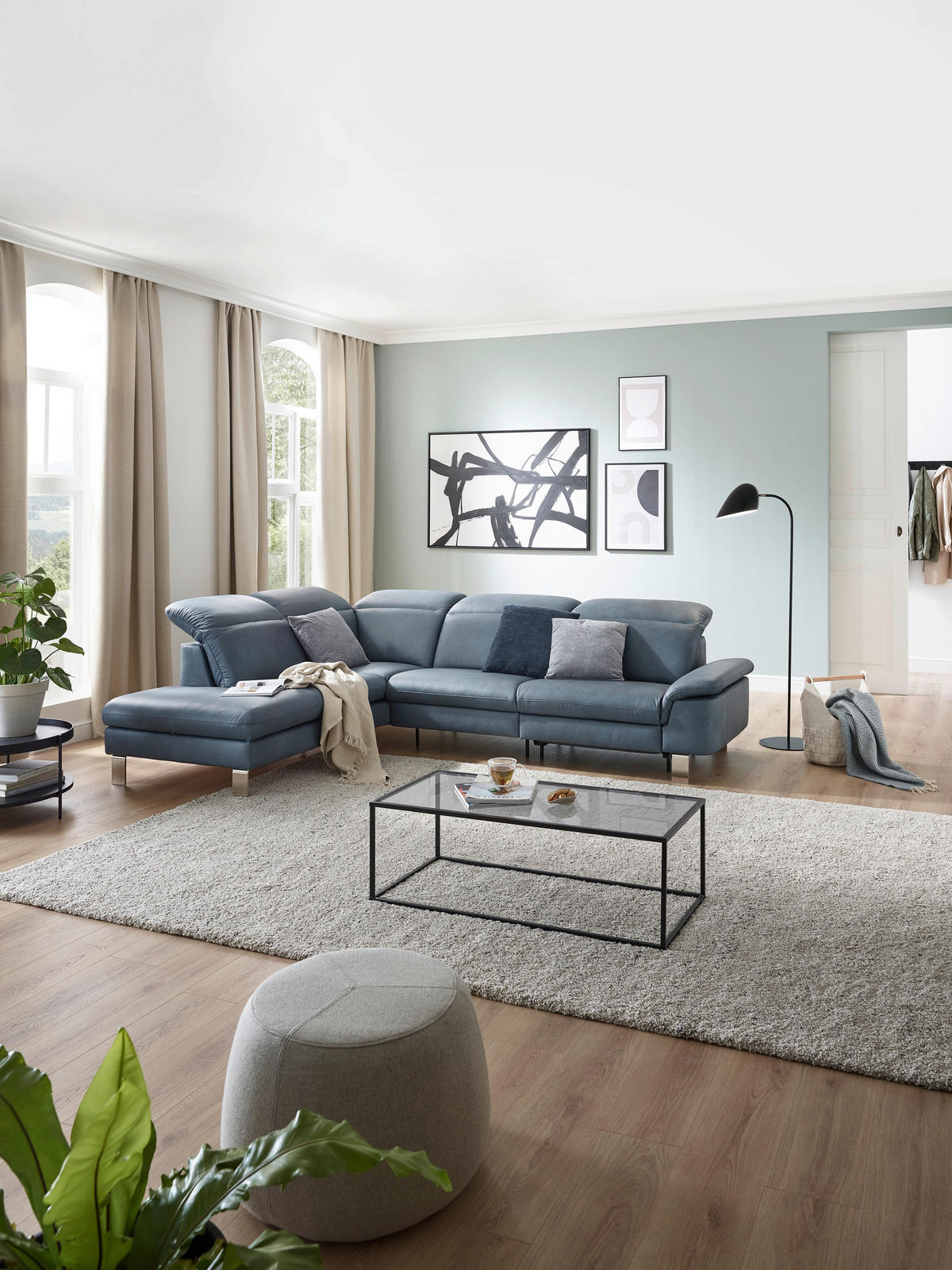 ECKSOFA in Echtleder Blaugrau  - Edelstahlfarben/Blaugrau, Design, Leder/Metall (309/233cm) - Dieter Knoll