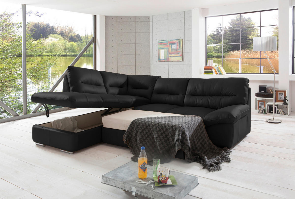 ECKSOFA in Echtleder Schwarz  - Chromfarben/Schwarz, Design, Leder/Metall (216/268cm) - Livetastic