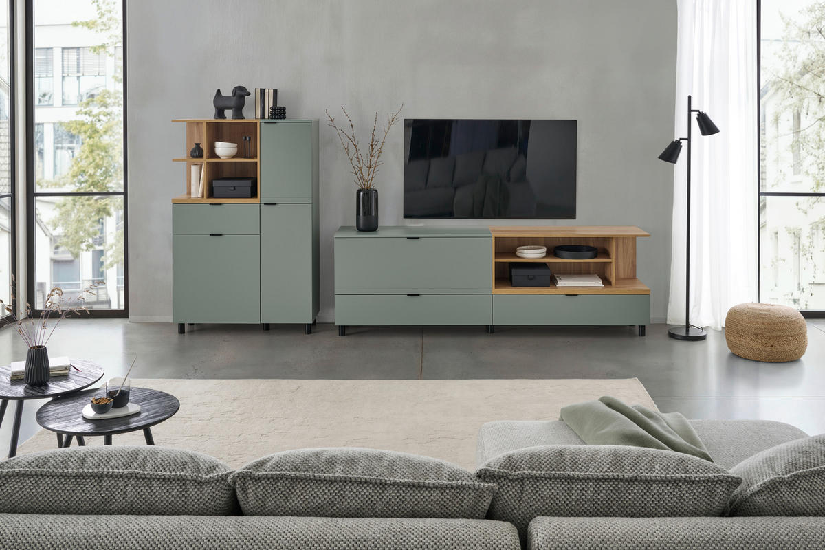 HIGHBOARD Eichefarben, Salbeigrün  95,3/146,2/37 cm  - Eichefarben/Salbeigrün, Modern, Holzwerkstoff/Metall (95,3/146,2/37cm) - Carryhome
