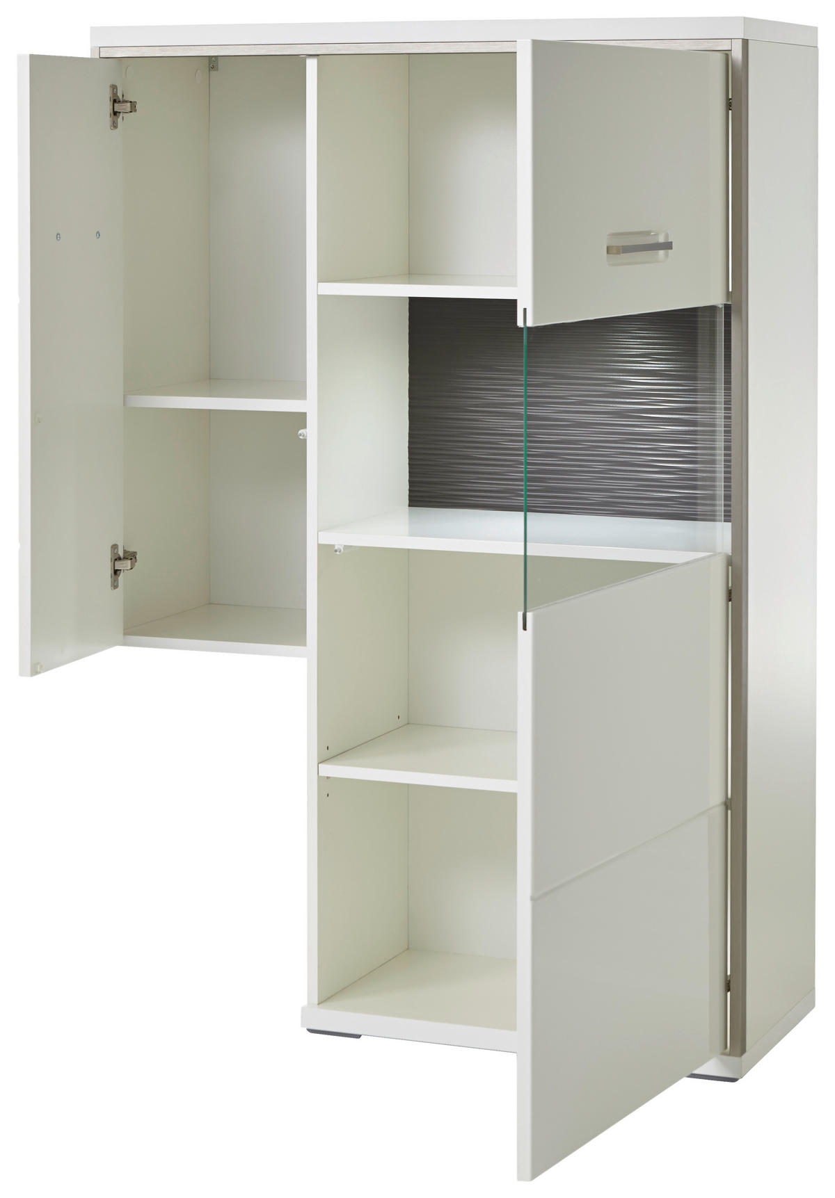 HIGHBOARD ohne Beleuchtung, Accra  in 94/137/38 cm  - Weiß Hochglanz/Silberfarben, Design, Glas/Holzwerkstoff (94/137/38cm) - Livetastic