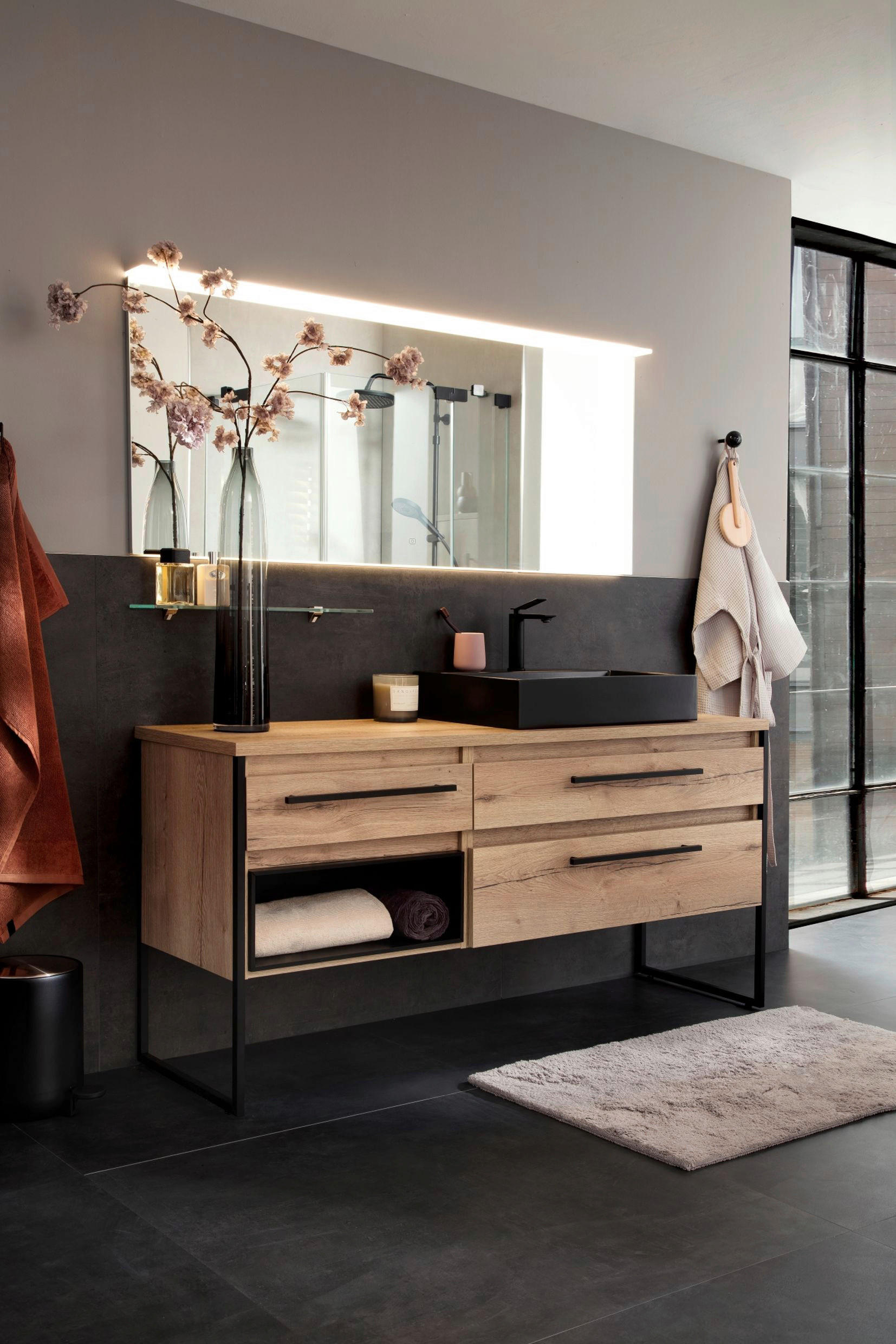 BADEZIMMER 2-teilig  in 164 cm  - Eichefarben/Schwarz, Design, Keramik/Holzwerkstoff (164cm) - Schöner Wohnen