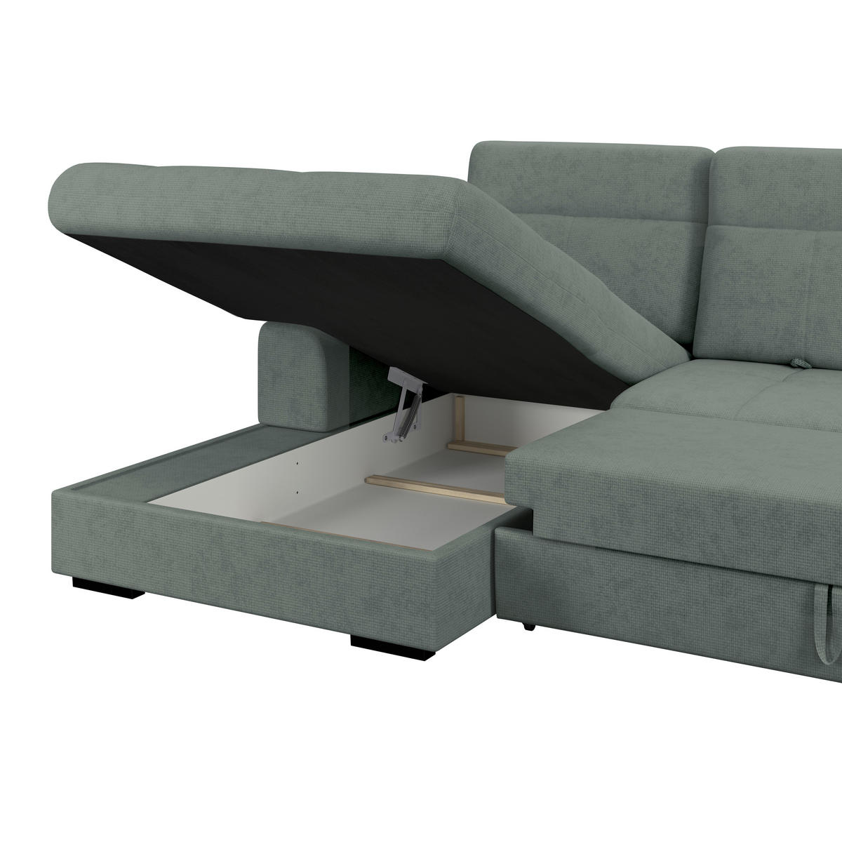 ECKSOFA Grün Chenille Rücken echt, Kopfteilverstellung  - Schwarz/Grün, KONVENTIONELL, Holz/Textil (203/286cm) - MID.YOU