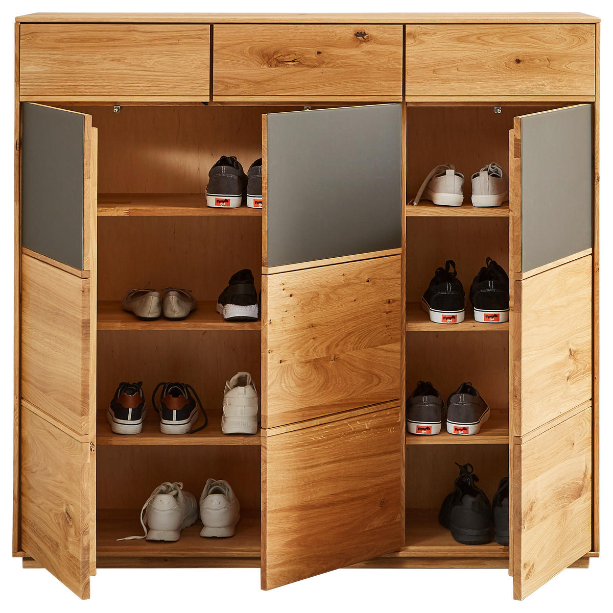 SCHUHSCHRANK Eiche massiv Grau, Eichefarben  - Eichefarben/Grau, Natur, Glas/Holz (129,8/123/38cm) - Waldwelt
