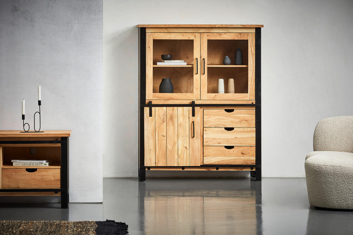 VITRINE  in massiv Akazie Hellbraun, Schwarz  - Hellbraun/Schwarz, MODERN, Glas/Holz (120/150/42cm) - MID.YOU