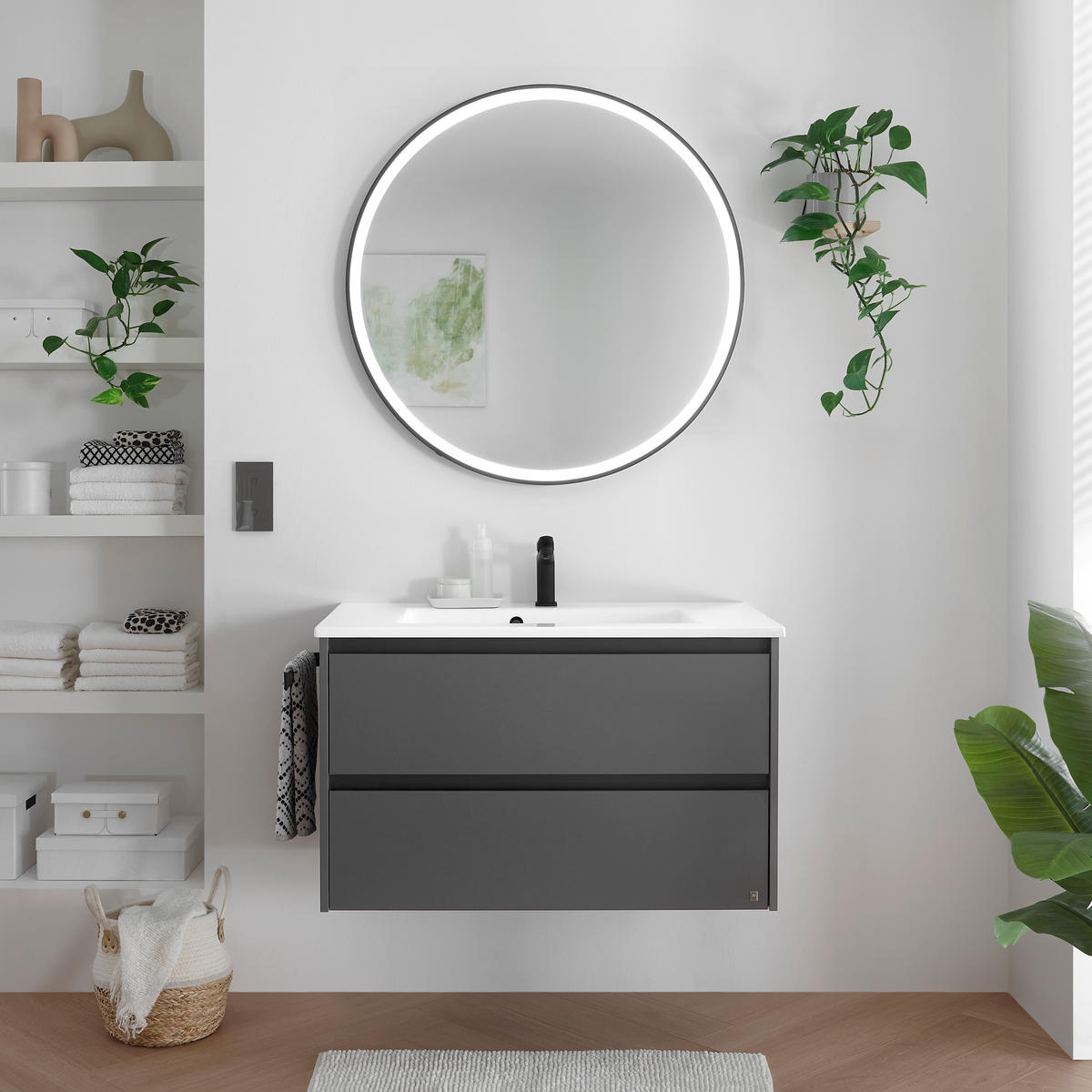 BADEZIMMER 3-teilig  in 92 cm  - Weiß/Grau, Design, Holzwerkstoff/Stein (92cm) - Musterring