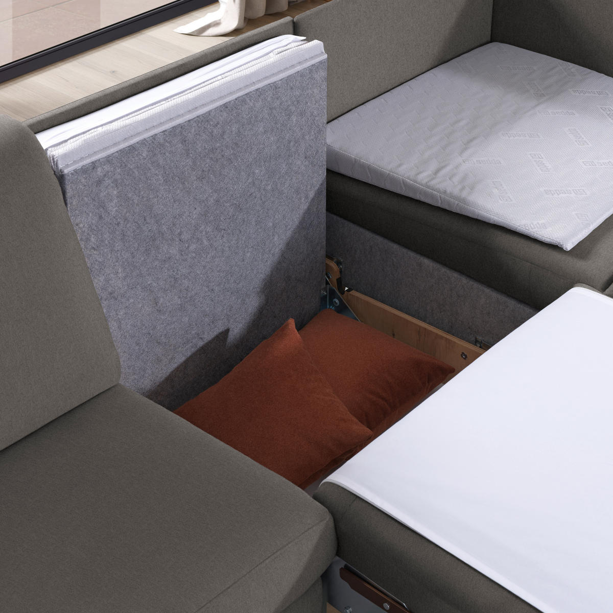 ECKSOFA in Flachgewebe Schlammfarben  261/203 cm  - Schlammfarben/Eichefarben, KONVENTIONELL, Holz/Textil (261/203cm) - Sedda