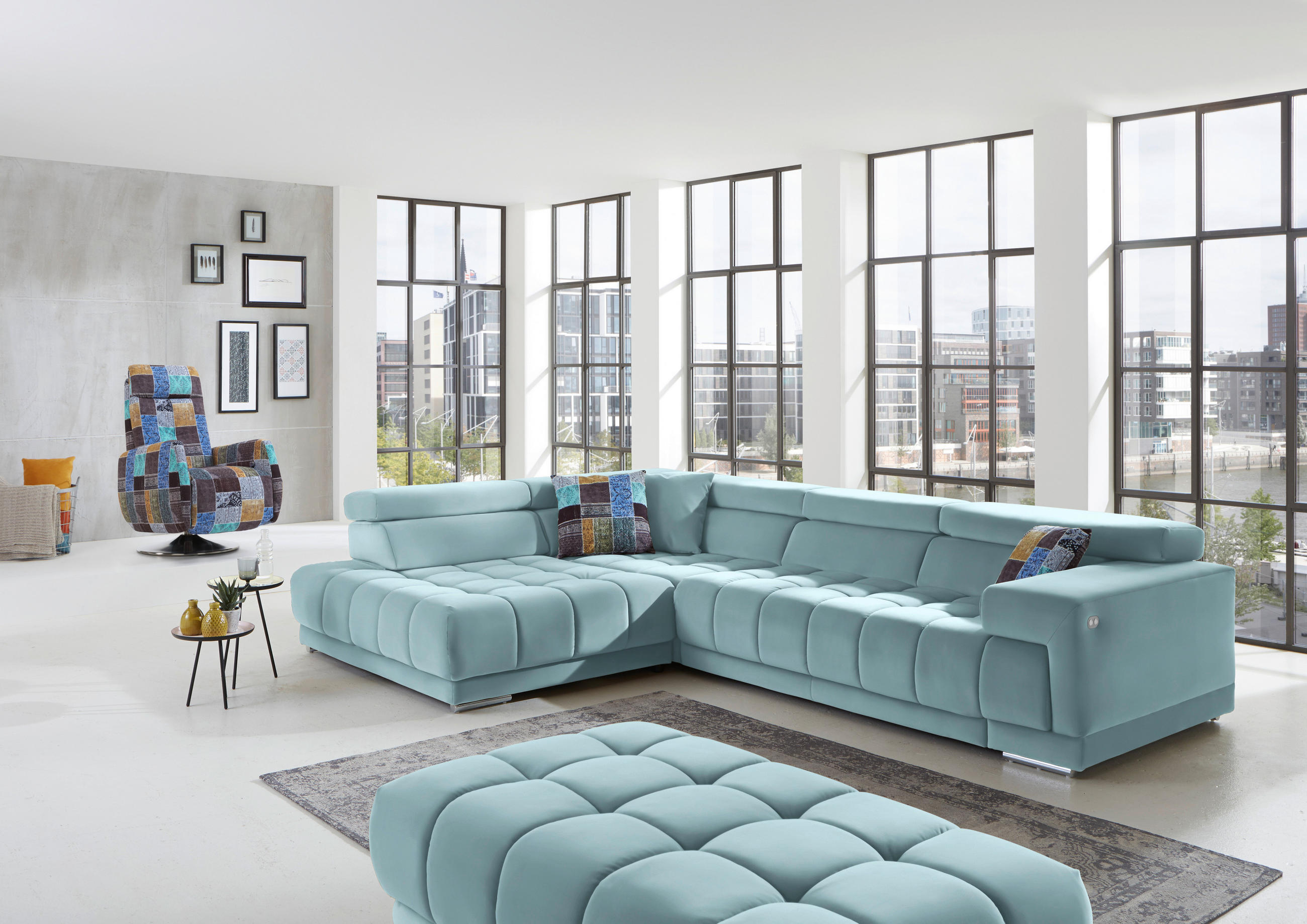 ECKSOFA in Mikrofaser Hellblau  222/326 cm  - Chromfarben/Hellblau, Design, Textil/Metall (222/326cm) - Beldomo Speed