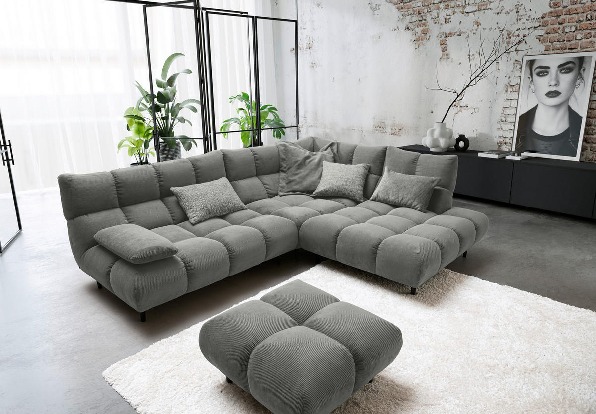 ECKSOFA Ottomane rechts, Eckteil  Grau Feincord  - Schwarz/Grau, Design, Holz/Textil (288/215cm) - Pure Home Lifestyle